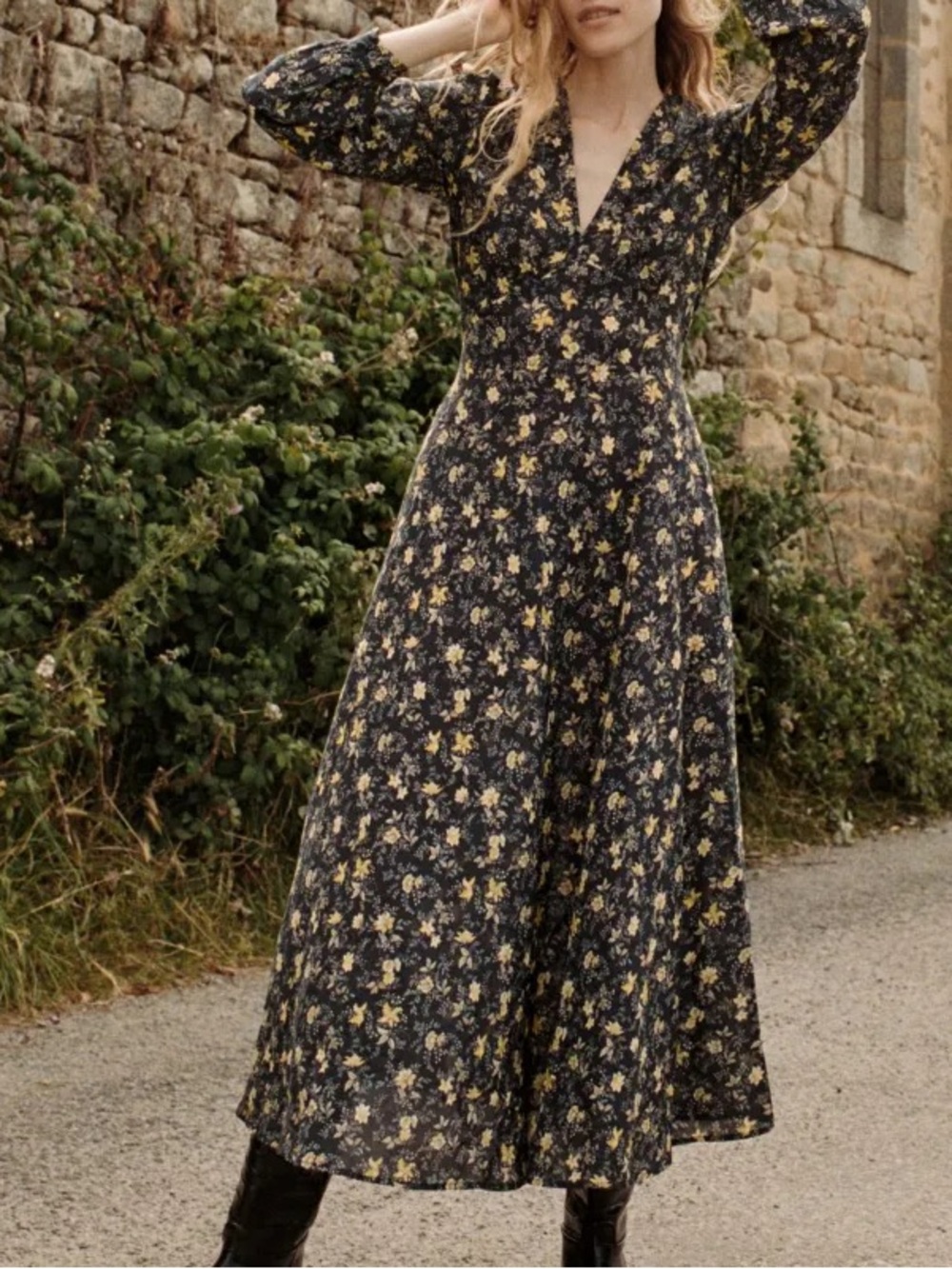 Doen Charleston Cotton V Neck Long Sleeve Maxi Dress Noir Winding Blossoms Black - Picture 2 of 12